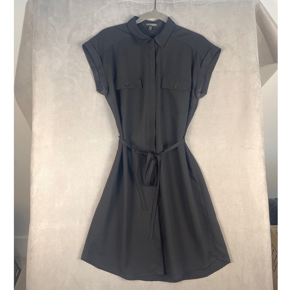 Express Womens Black Short Sleeve Button Down Belted Shirt Dress Size Medium